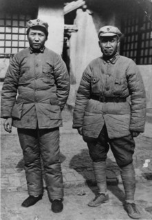 Mao zedong (tse tung) and zhu de (chu te) in yenan communist mountain stronghold about 1937, after the long march, sino-japanese war.