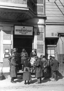 World war 2, at the entrance to the building occupied by the soviet military commandant of thecity and district of soldin, germany, 1945.