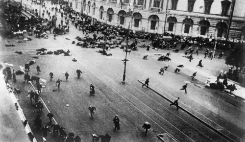 Petrograd (st, petersburg) workers' demonstration attacked by police on orders of kerensky provisional government, july 1917, russian revolution.