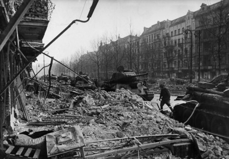 Soviet armored division re-grouping on a street cleared of germans, berlin, germany, 1945.