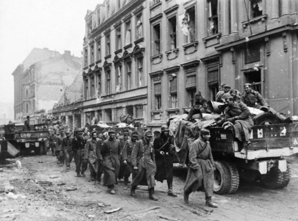 A column of german pow's on their way to a gathering depot in berlin, germany at the end of world war 2, 1945.