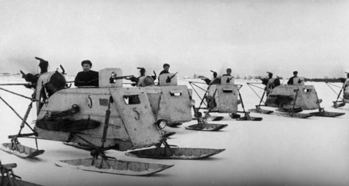 Red army airsleighs just prior to setting off on a mission west of novgorod, february 1944.