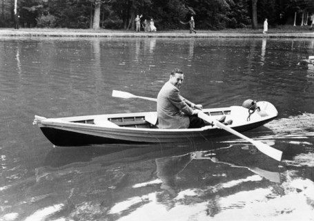 Us ambassador charles bohlen rowing on the lake at n,a, bulganin's picnic party for foreign diplomats and journalists visiting moscow, august 1955.