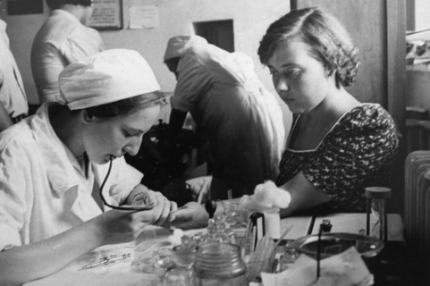 Soviet blood bank, ussr, 1938, blood donor giving a sample for analysis.