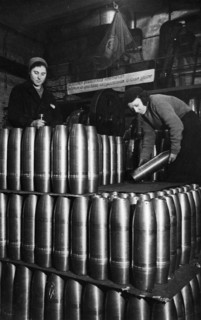 Civilian women involved in the production of artillery shells at a munitions factory in moscow during world war 2, march 1942.