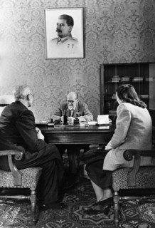 August kirchenstein, chairman of the presidium of the supreme soviet of the latvian ssr receiving visitors on the occasion of the 10th anniversary of soviet latvia, june 1950.