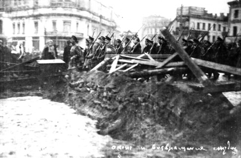 White guard student company marching along barricades in arbat square in moscow, october - november, 1917.
