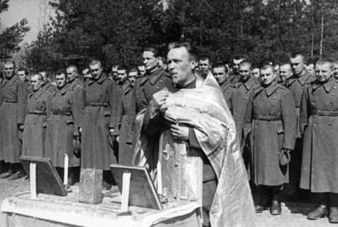 World war 2, yugoslavian military unit training in the soviet union, may 1944, troops during morning prayers, ministered by an orthodox priest.