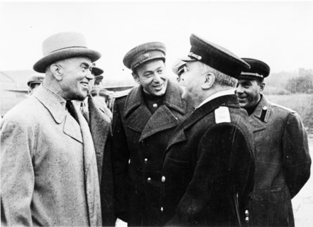 On the 4th of september at the moscow central airport, molotov, vice-chairman of the council of people's commissars for foreign affairs chatting with romanian premier p, groza.
