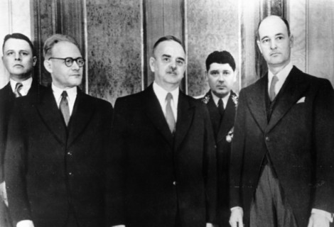 Us ambassador george f, kennan (right) standing with nikolai shvernik, president of the presidium of the soviet parliament after presenting his credentials, moscow, may 15, 1952, on the left is a,f, g...
