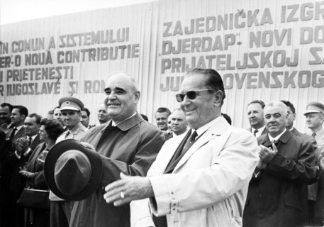 President tito and gheorghe gheorghiu dej acknowledging citizens' cheers at the mass meeting at kladovo marking the beginning of the works on the iron gates hydro-electric power plant, sep, 7, 1964.