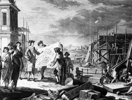 An early 18th century print depicting peter the great (peter i) being shown plans during the foundation of st, petersburg.