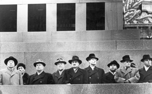 Mao zedong, n,s, khrushchev, n,a, bulganin, a,i, mikoyan, m,a, suslov, kim il sung, v, siroki (czechoslovakia), and enver hoxha (albania) on the tribune of the lenin-stalin mausoleum during the novemb...