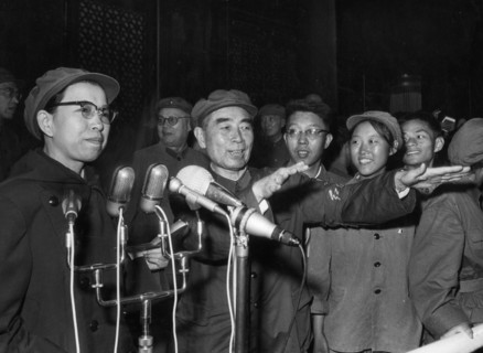 Jiang qing (mme, mao) and zhou enlai greeting the 500,000 red guards, revolutionary teachers and students at a massive rally in tienanmen square in beijing on august 31, 1966.