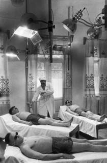 Soviet health resorts, workers undergoing quartz and sun-ray treatment in the light therapy room of the skala sanatorium at kislovodsk, may 1951.