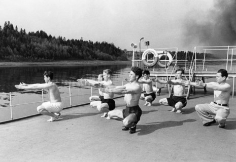 Soviet health resorts, morning exercises aboard a floating health spa for workers, july 1951.