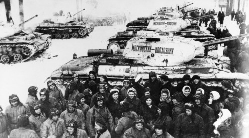World war 2, a delegation of collective farmers from the moscow region handing over t-34 tanks to the red army that were built with their personal donations, 1942.