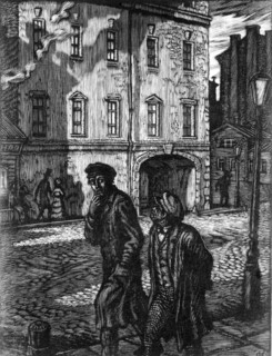 Crime and punishment' novel by fyodor dostoyevsky, feodor konstantinov's illustration (woodcut), 1945.