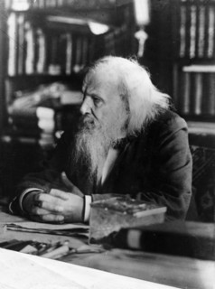 Dimitri ivanovich mendeleev, 1834 - 1907, the famous russian chemist in his study.