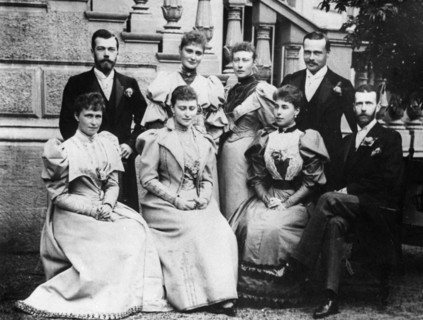 A romanov family portrait c, 1890, nicholas ll (standing left), grand duke sergei alexandrovich (sitting right) and his wife elisabeth fyodorovna (second fom left).