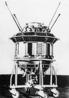 Soviet lunar probe, luna 3 on it's assembly carriage, ussr, 1959.