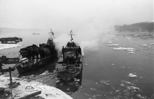 World war 2, soviet armored cutters 'stalinets' and 'hero of the soviet union golubets' of the soviet danube military flotilla moored at the hungarian bank of the danube river, february 1945.