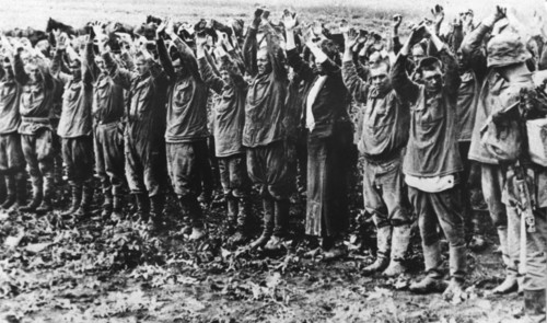 Russian pows with german soldier (right), 1941, world war 2.