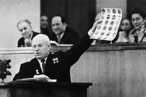 Soviet premier, nikita khrushchev, showing photographs of objects found in the u2 spy plane that was shot down over soviet territory on may 1st, 1960, joint session of council of the union and council...