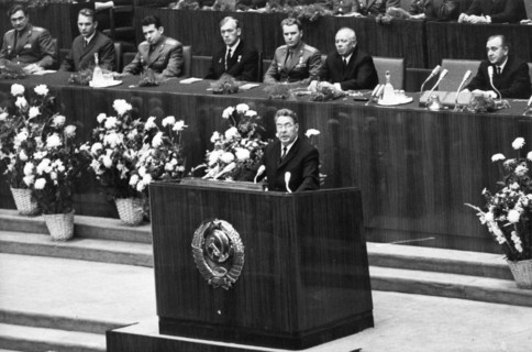 Leonid brezhnev speaking at a meeting in the kremlin palace in honor of all those who participated in the success of the soyuz 6, soyuz 7, and soyuz 8 space missions, october 22, 1969.