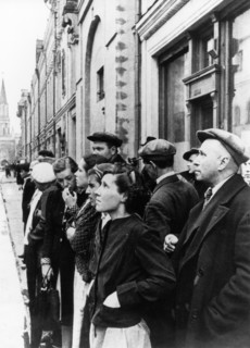 Moscow residents listening to a radio report by molotov announcing the invasion of the soviet union by germany, june 22, 1941.