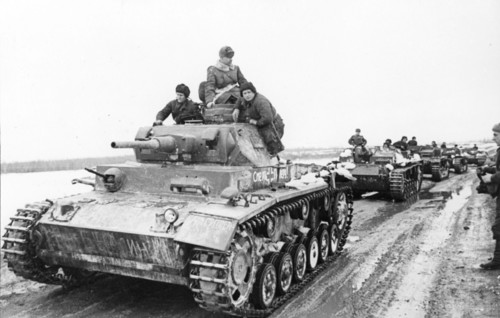 A column of tanks captured from the germans setting out after repairs to the front line april, 1942.
