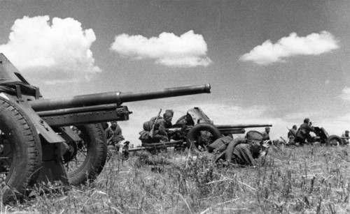 The southern front, soviet anti-tank guns about to open fire at enemy tanks, june 1942.