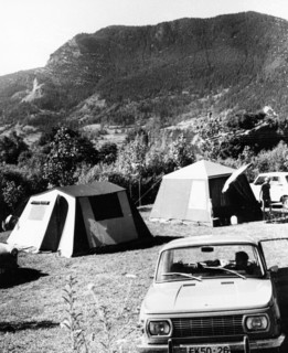 Tourists camping by smolian lake in the rhodope mountains, bulgaria, may 1974.