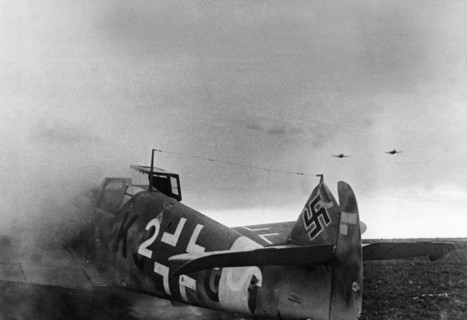 A burning messerschmitt 109-4d shot down by soviet flying ace captain tarasov during world war 2, it was tarasov's nineteenth.