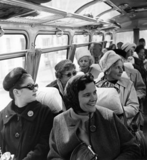 A group of american tourists on a bus on their way to the resorts 'friendship' and 'golden beach' in bulgaria, late 1950s.