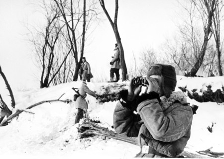 Soviet frontier guards on damansky island, pacific frontier area, 1969.
