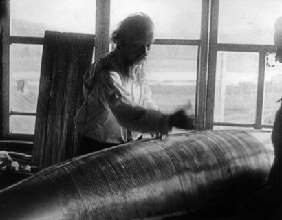 Konstantin tsiolkovsky, pioneer scientist in the field of rockets and space travel (cosmonautics), in his workshop in kaluga, russia.