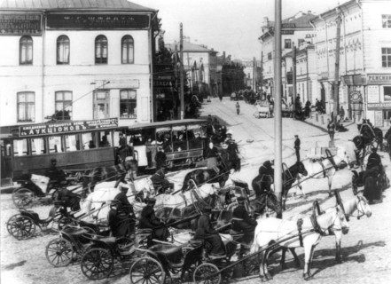 Hansom cab stand, moscow, 1896.