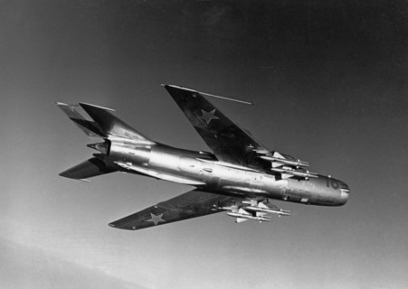 A soviet mikoyan-gurevich mig-19 'farmer' jet fighter in flight, 1960s.