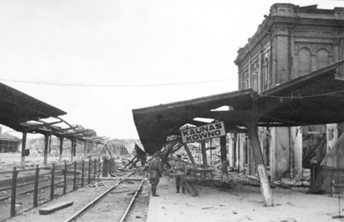 The railway station at kovno(kaunas), destroyed by the germans in their retreat, world war ll.
