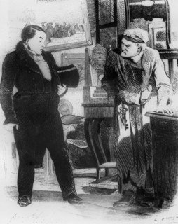 Illustration of gogol's 'dead souls,' chichikov (left) visits puyushkin (plushkin), woodcut by agin, 1846.