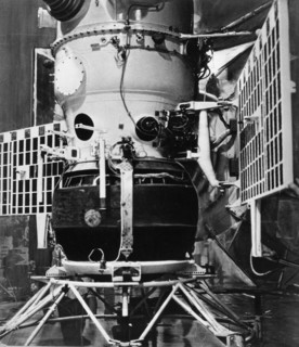 Soviet space probe, venera 4 (venus 4), with landing package attached, the probe soft landed on venus on october 18th, 1967.