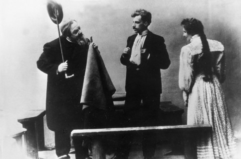 The seagull' by anton chekhov, moscow art theatre production, left to right: luzhsky as dorn; v, meyerhold as treplev; roksanova as nina.