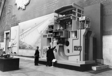 A model of the bratsk hydro-electric power plant on display at the ussr agricultural exhibition and the ussr industrial exhibition in moscow, 1957, the plant has a capacity of 204,000 kw, at the time,...