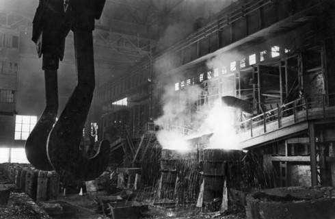 Steel being let out from an open-hearth furnace at the duplex shop of the chussovaya steel works in the molotov region, this is the ural's first duplex shop with bessemer and open-hearth furnaces, feb...