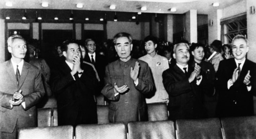 A meeting of solidarity, friendship, and struggle, left to right: phan van dong, premier of the democratic republic of vietnam (north vietnam); samdech norodom sihanouk, cambodian head of state; chine...
