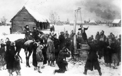 Painting of the execution of 18 year old russian partisan/sniper zoya kosmodemyanskaya during world war ll.