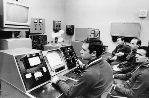 Luna 21 mission, the crew of the soviet remote-controlled lunar rover, lunokhod 2 working the controls at the distant space communications center,  january 1973.