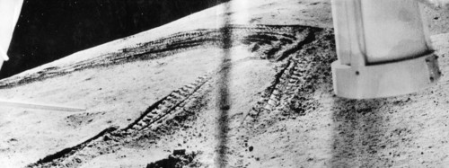 Luna 21 mission, tracks on the surface of the moon made by the soviet remote-controlled lunar rover, lunokhod 2, part of a series of panoramic images taken by the rover on february 18, 1973.
