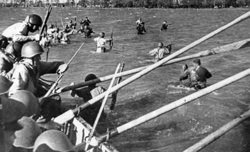 Baltic fleet, a detachment landing from boats in the leningrad area, making a commando type raid, (1940s or 1950s?).